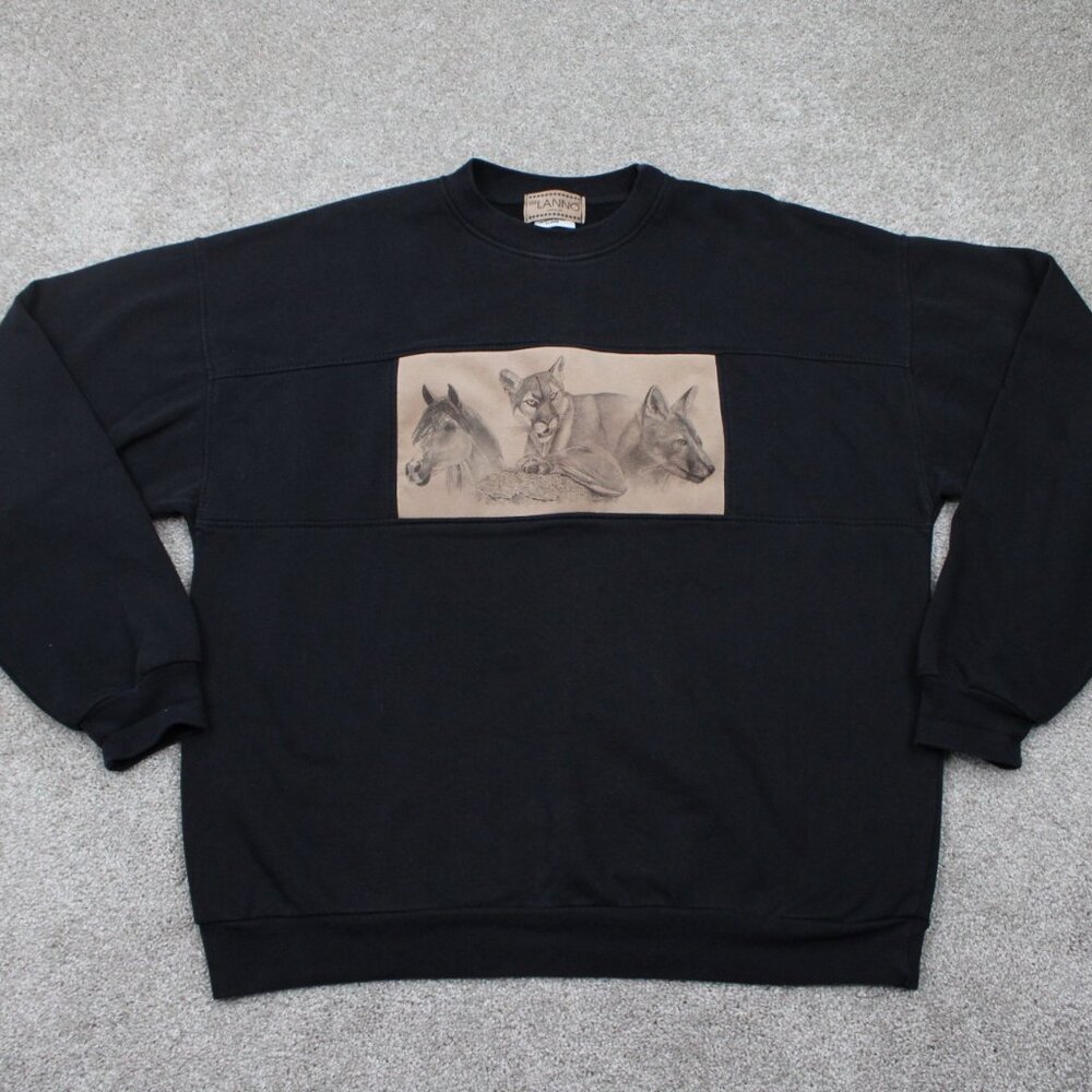 Vintage De Lanno Sweatshirt Mens X-Large Black Animal Print L/S Pullover Sweater